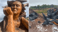 images of wooden sculpture of Eiriu before and after being fire damaged